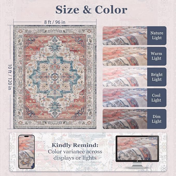 Boho Rugs for Bedroom Girls Playroom, Distressed Medallion Printed 8x10 Rugs - Image 2