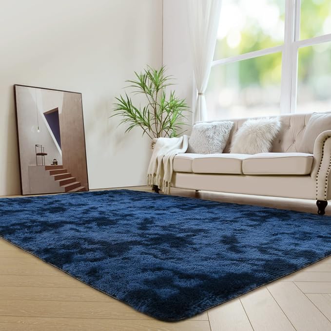 duduta 6x9 ft Navy Blue Rectangle Fluffy Rug, Tie-Dyed Shag Fuzzy Plush by Duduta