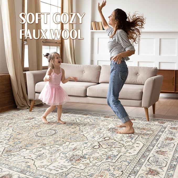 7x9 Area Rug Living Room: Washable Boho Large Neutral Vintage Soft Rugs Stain - Image 3