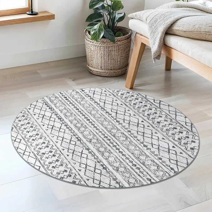 KUTA Washable Circle Rug 3Ft Grey Moroccan Washable Round Area Rugs Boho Foyer - Image 2