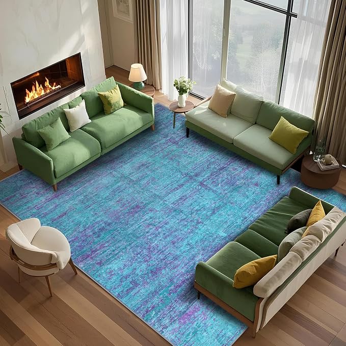 Abstract 6x9 Area Rug, Modern Teal Purple Throw Rugs by FLYRUGGO