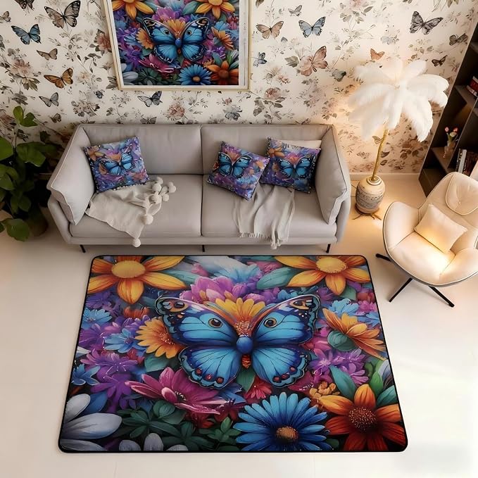 Colorful Butterfly 3x5 Area Rug Rainbow Flowers Rugs - Image 6