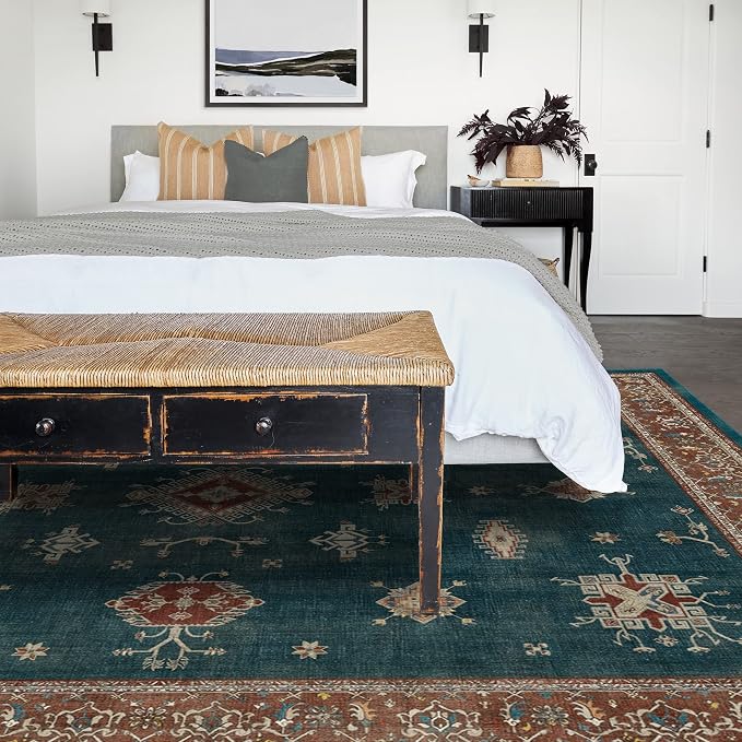 RUGGABLE Washable Vintage Area Rug – Verena Teal Blue 10x14, Stain-Resistant by RUGGABLE