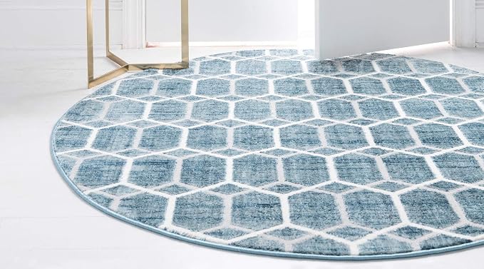 Rugs.com Lattice Trellis Collection Rug – 8 Ft Round Blue Low-Pile Rug Perfect - Image 5
