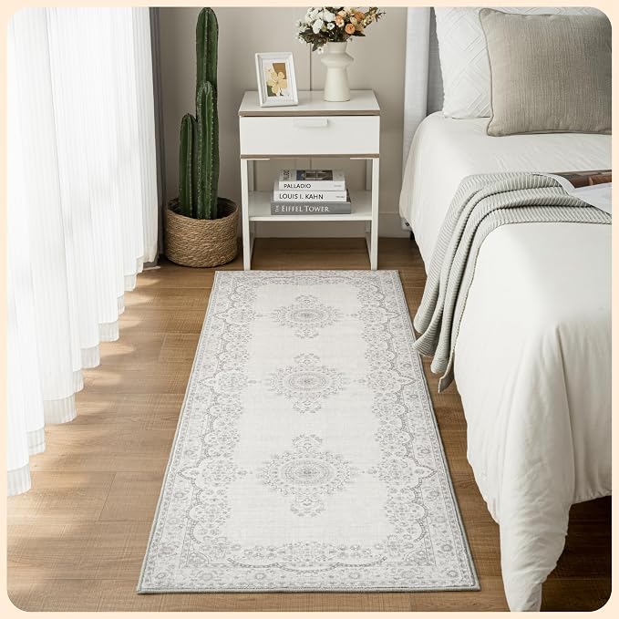 Istana Hallway Runner Rug 2.5x8 – Grey/White Cream Entryway Rug -Silk's Soft by Istana