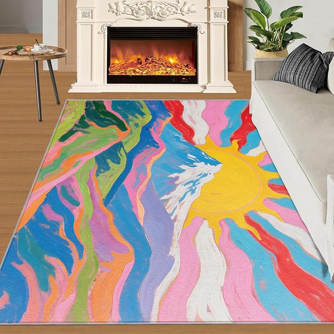 Boho Sun Area Rugs 4x6ft, Watercolor Mountain Carpet - Image 2