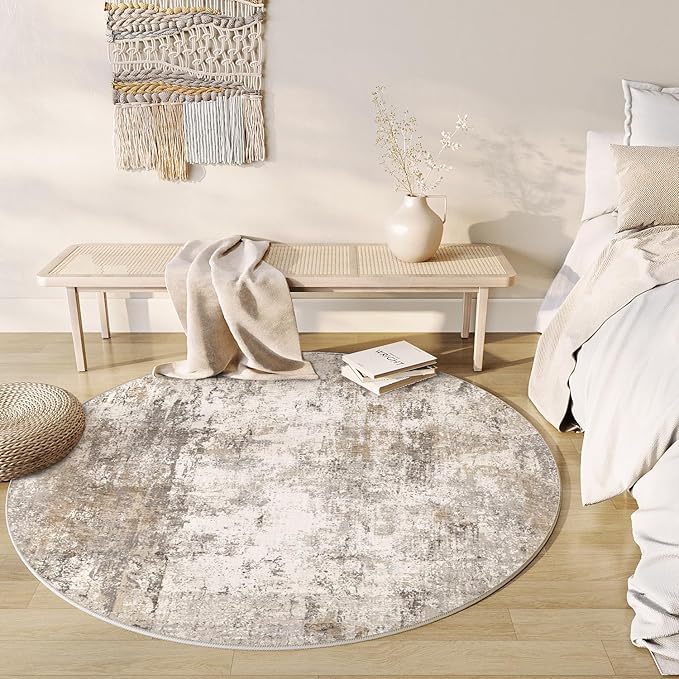 5x5 Washable Round Rug Brown Grey Abstract Living Room Bedroom Area Rug Neutral by WondRg