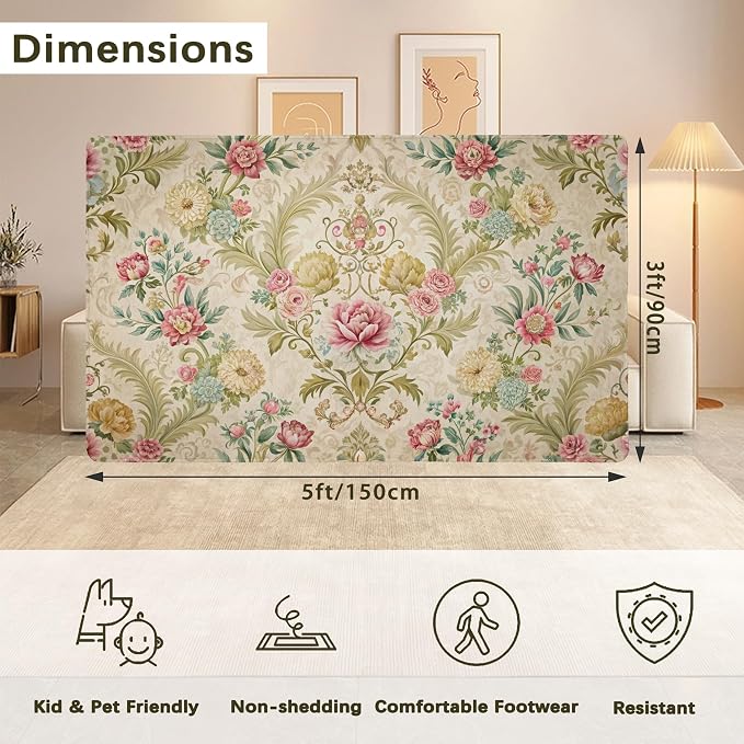 Chic Vintage Rose Rug for Living Room 3x5, Low Pile Non-Slip Backing, Machine - Image 2