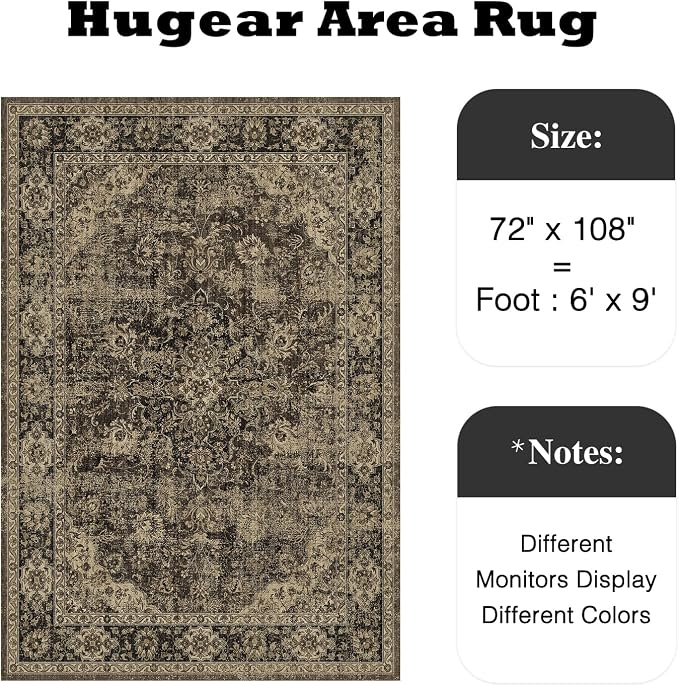 HUGEAR Retro Brown Area Rug 6x9 Machine Washable Living Room Rugs Distressed - Image 2