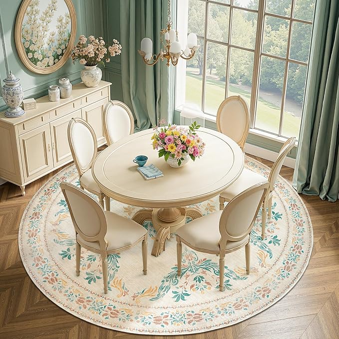 jinchan Round Rug 7ft Area Rug Vintage Floral Distressed Design Machine - Image 3