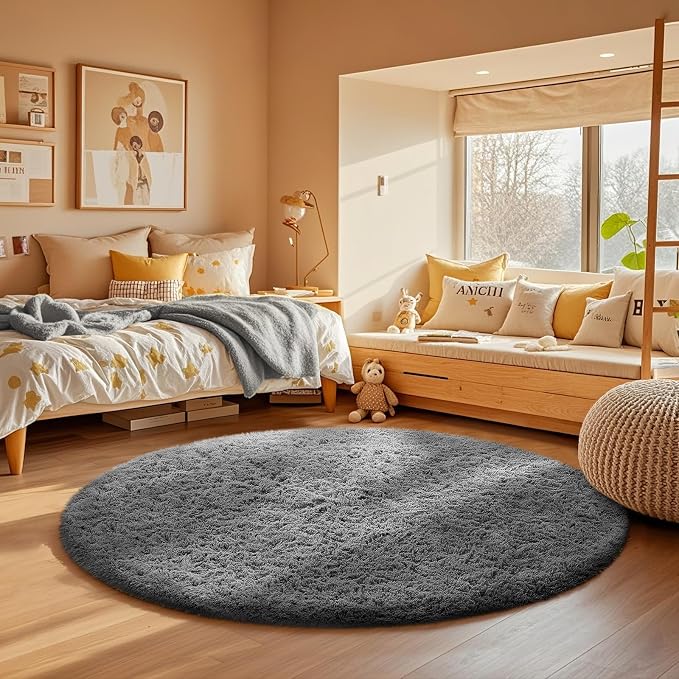Ophanie Round Rug 4Ft Grey Circle Area Rugs, Fluffy Fuzzy Small Bedroom Carpet by Ophanie