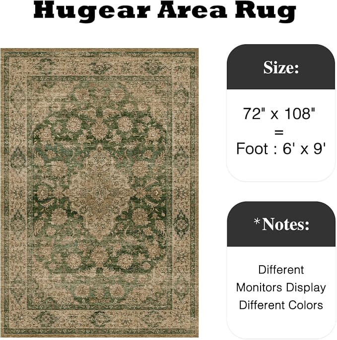 HUGEAR Retro Green Area Rug 6x9 Machine Washable Living Room Rugs Distressed - Image 2