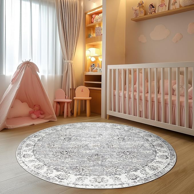 jinchan Fiora Round Rug 5ft Area Rugs Vintage Floral Distressed Design - Image 3