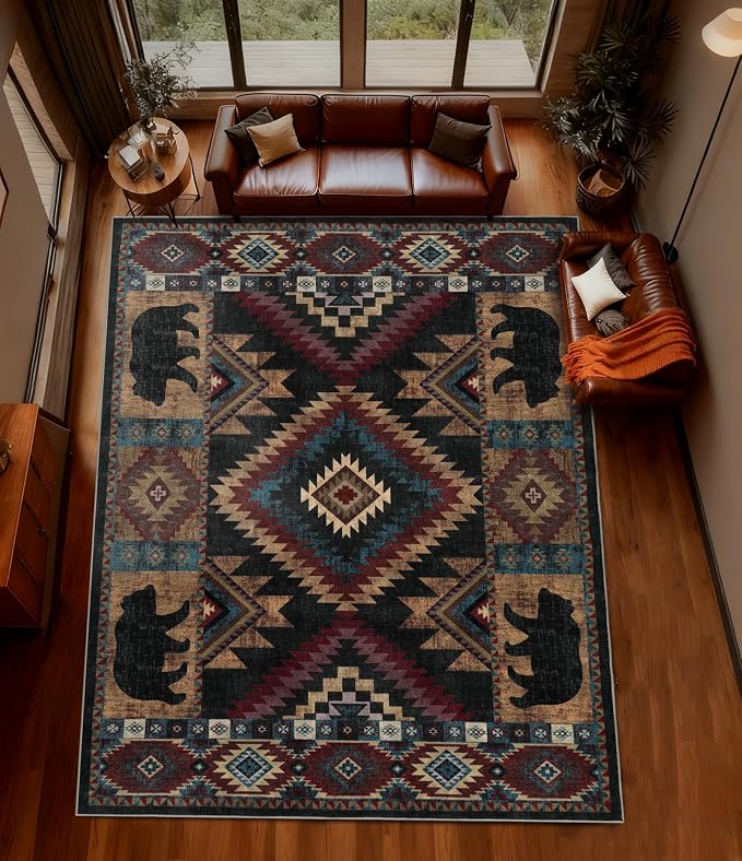 YIHOUSE Rustic Cabin Area Rug 9x12, Lodge Wildlife Bear Washable Large Area Rug - Image 3