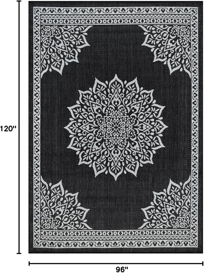 CAMILSON Outdoor Rug, 8x10 Medallion Black White Modern Area Rugs - Image 2