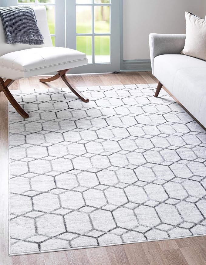 Rugs.com Lattice Trellis Collection Rug – 7' x 10' White Low-Pile Rug Perfect by Rugscom