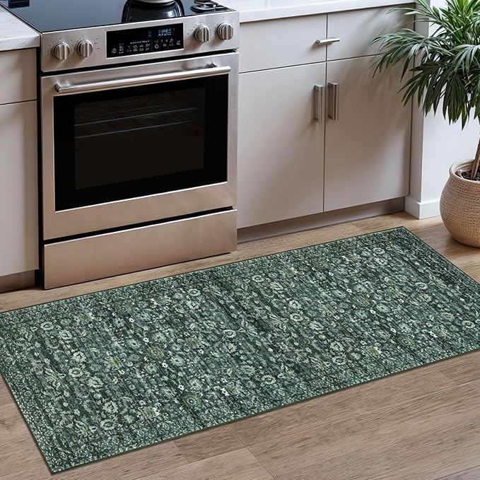 Vintage Floral 2x5 Runner, Dark Green Washable Hallway Runner, Non-Slip Kitchen by lansny