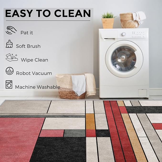 5x6 Abstract Geometric Rugs for Bedroom Decor, Washable Black White Red - Image 6