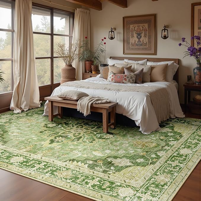 Area Rugs 10'x14' Washable Non-Slip, Floral Vintage Distress Print Pattern - Image 2