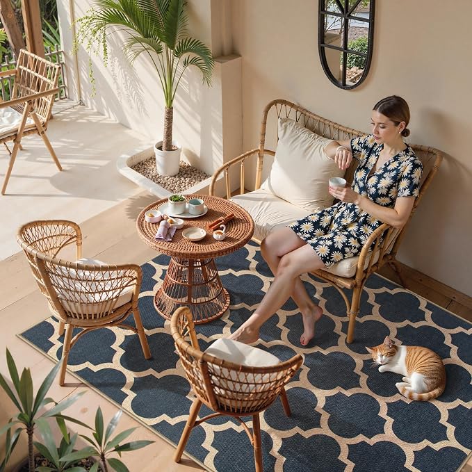 Lahome Moroccan Outdoor Rug 5x7, Easy Jute Blue Washable Rugs - Image 6