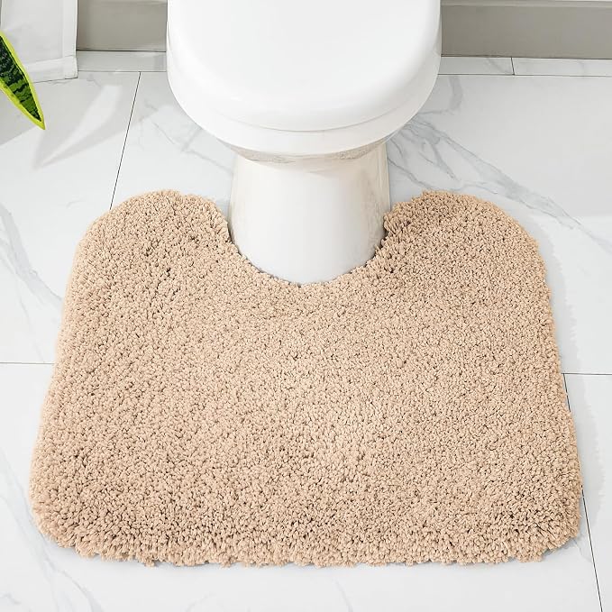 Beige Toilet Rug 22x24 Non Slip Fluffy Toilet Floor Mat U Shaped Washable - Image 3