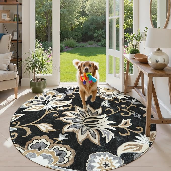 Lahome Floral Black Round Area Rug - 5Ft Washable Ultra-Thin Soft Bedroom Rug - Image 6