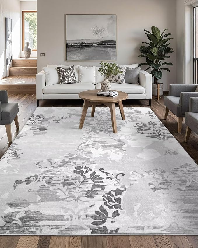 Washable Abstract Rug, 5x7 Classic Grey and White Floral Area Rugs - Image 2