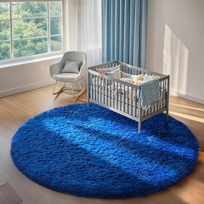 Ophanie Round Rug 7Ft Blue Circle Area Rug, Boys Room Decor, Fluffy Fuzzy - Image 5