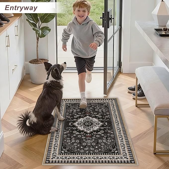 2' x 3' Black Washable Area Rugs, Non-Slip Entryway Rug, Boho Low Pile Door Mat - Image 2