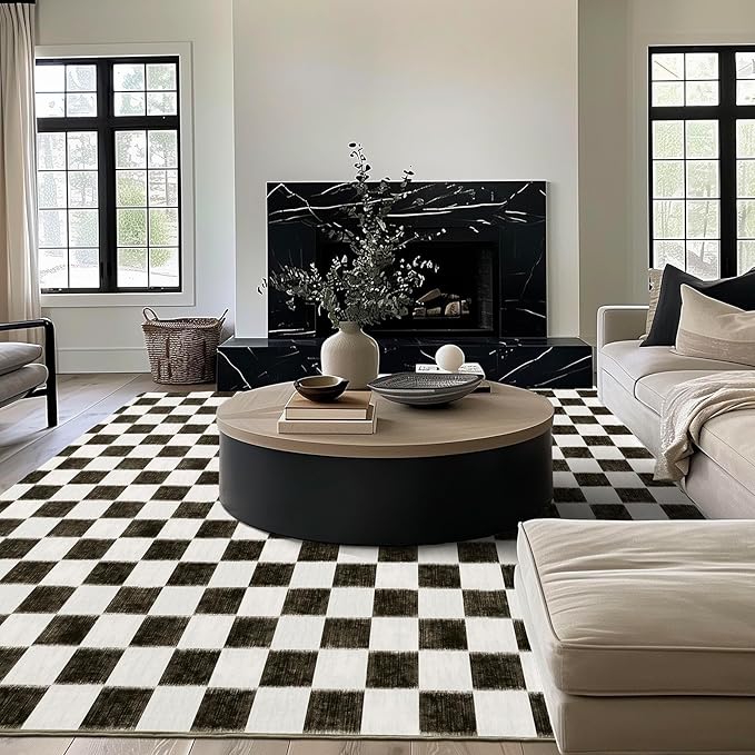 EVERGRACE Checkered Plaid Area Rug 8x10, Soft Fuzzy Faux Wool Rugs Washable by EverGrace