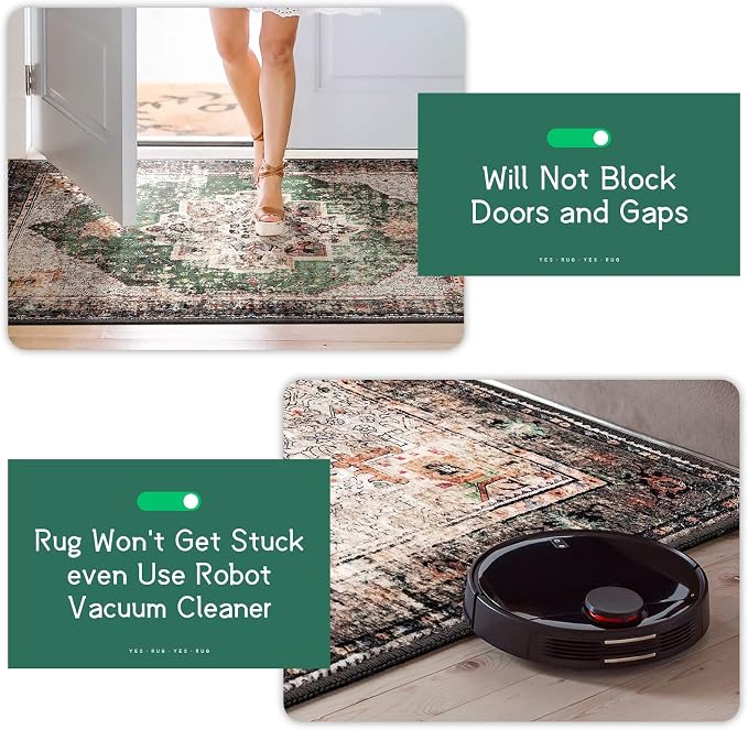 8x10 Area Rug - Green Boho Washable Vintage Low Pile Non-Slip Large Rug - Image 2