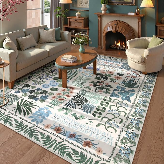 Floral Boho Washable Area Rug for Bedroom, Large Botanical Living Room Rugs 8x10 by Zealude