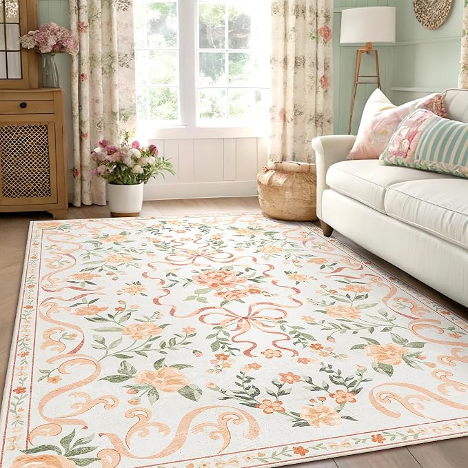 Orange Rug Bow Floral Rug 3x5, Washable Boho Area Rugs Non Slip Low Pile Carpet by YesRug