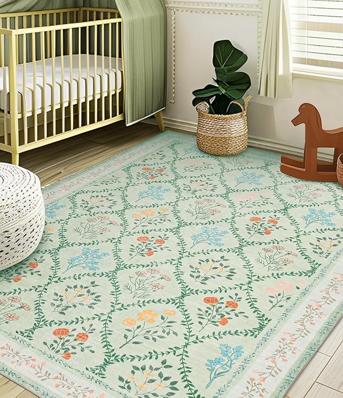 YIHOUSE Green Floral Print Rugs, Moroccan Trellis 9x12 Washable Large Rug - Image 3