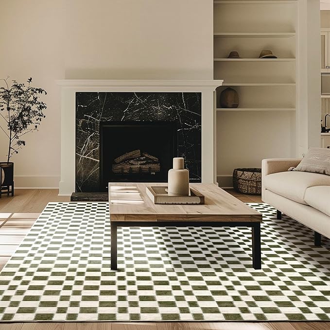 EVERGRACE Checkered Plaid Area Rug 9x12, Soft Faux Wool Rugs Washable Anti Slip by EverGrace