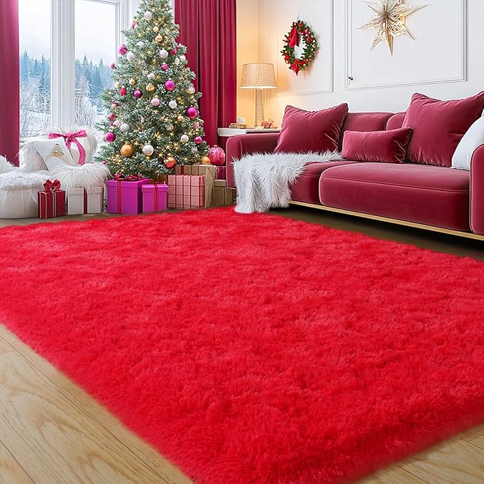 Red Fluffy Rug Plush Carpet for Bedroom Dorm, Non-Slip High Pile Rug, Shag Rug - Image 6