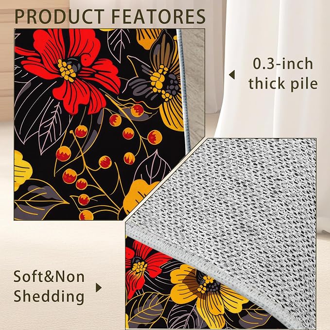Black Floral Washable Living Room Area Rug, Low Profile Abstract Pattern - Image 5