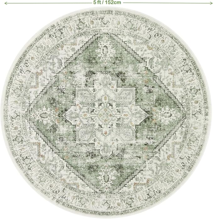 LIVEBOX Medallion Round Area Rug 5ft, Vintage Washable Sage Green Circle Rug - Image 2