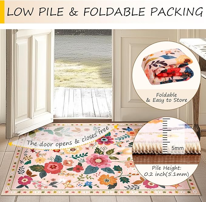 Floral 4ft Area Rug Machine Washable Soft Print Boho Carpet Non Slip Doormat - Image 4