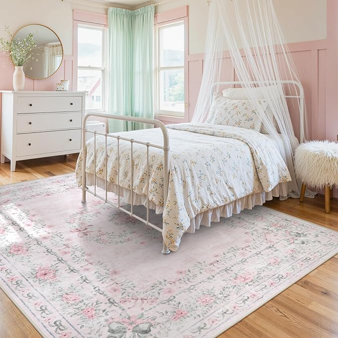 Wonnitar Floral Bow Print 8x10 Area Rugs, Washable Pink Rugs - Image 8