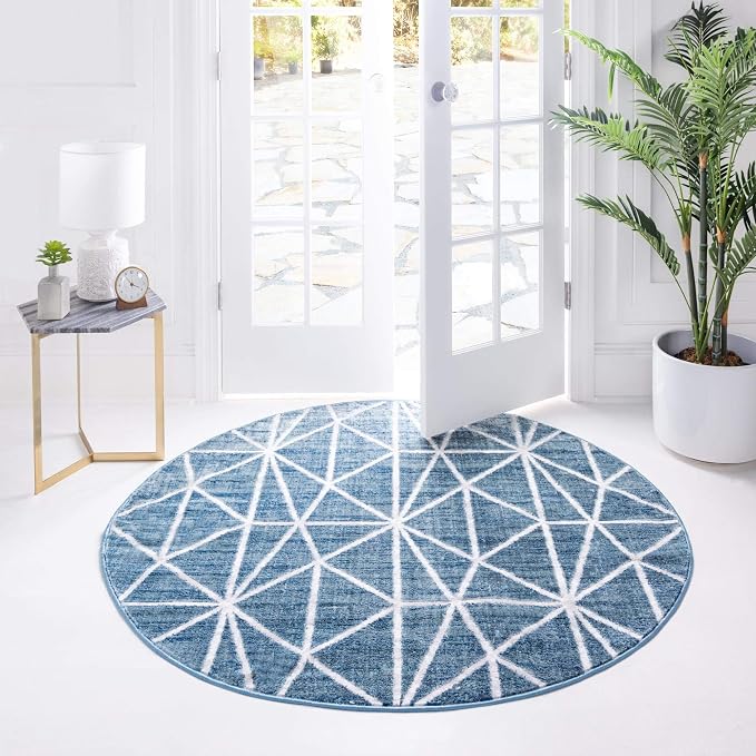 Rugs.com Lattice Trellis Collection Rug – 8 Ft Round Blue Low-Pile Rug Perfect by Rugscom