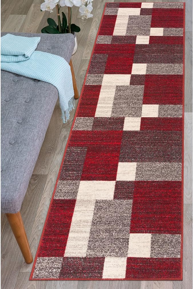 Rugshop Red Modern Geometric Boxes Non-Slip Area Rug Non-Shedding - Image 9