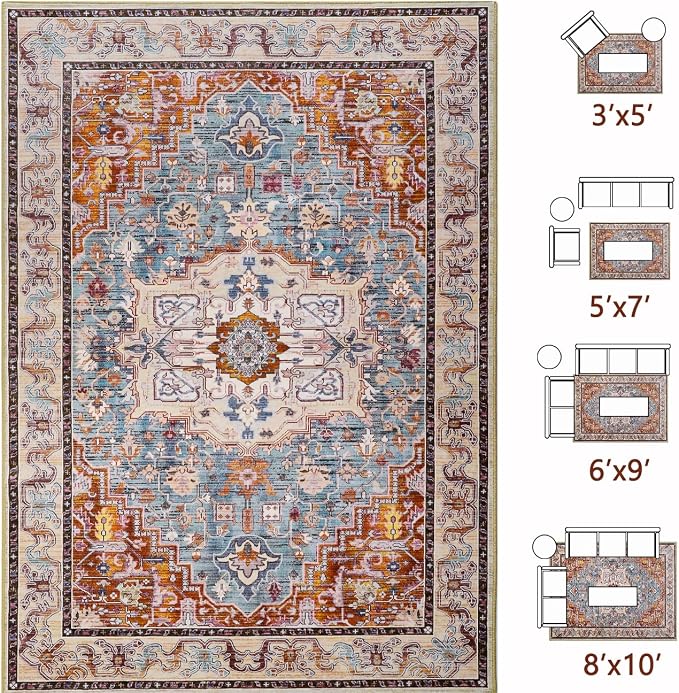 Washable Area Rugs 3x5, Low Pile Vintage Carpet, Non-Slip Distressed Rug - Image 5