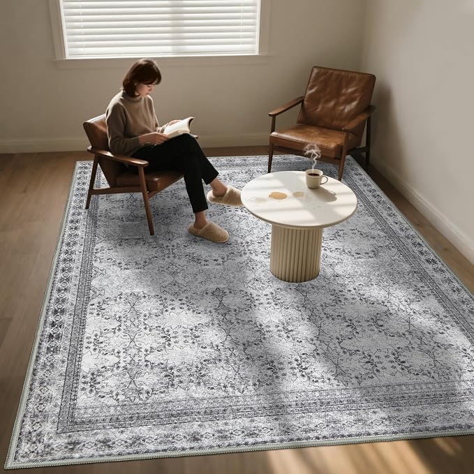 6x9 Washable Area Rug Non Slip, Faded Grey Living Room Rugs Low Pile, Thin - Image 3