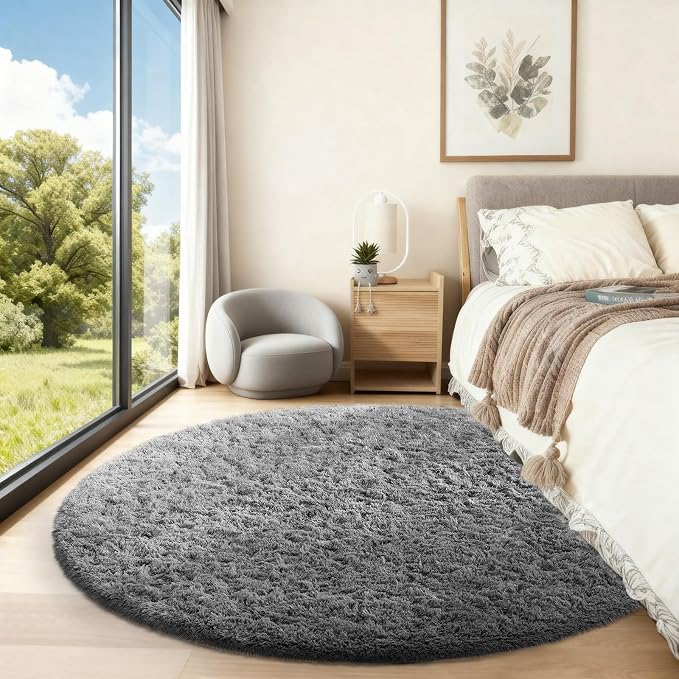 Ophanie Round Rug 5Ft Grey Circle Area Rugs, Fluffy Fuzzy Bedroom Carpet 5 Foot - Image 5