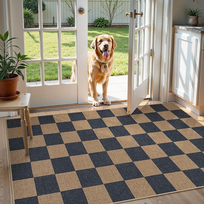 Lahome Checkered Easy Jute Indoor Outdoor Carpet, 3x5 Washable Rugs - Image 2
