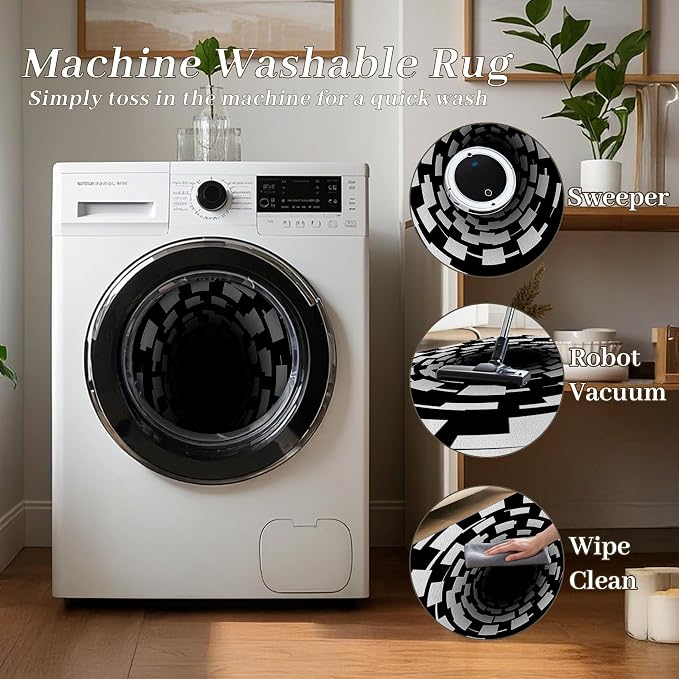 3D Illusion Swirl Area Rugs, Modern Abstract Grid Black Hole Living Room Carpet - Image 5