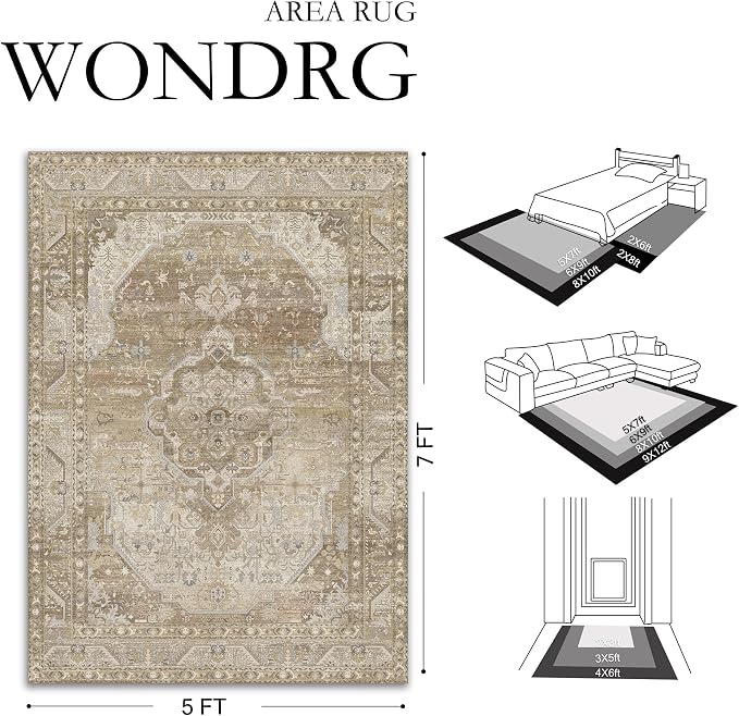 5x7 Washable Vintage Area Rug for Living Room Bedroom Non Slip Distressed - Image 2