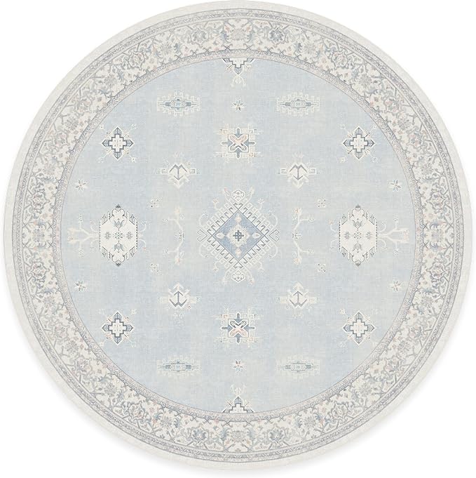 RUGGABLE Washable Vintage Area Rug – Verena Soft Blue 8 ft Round, by RUGGABLE