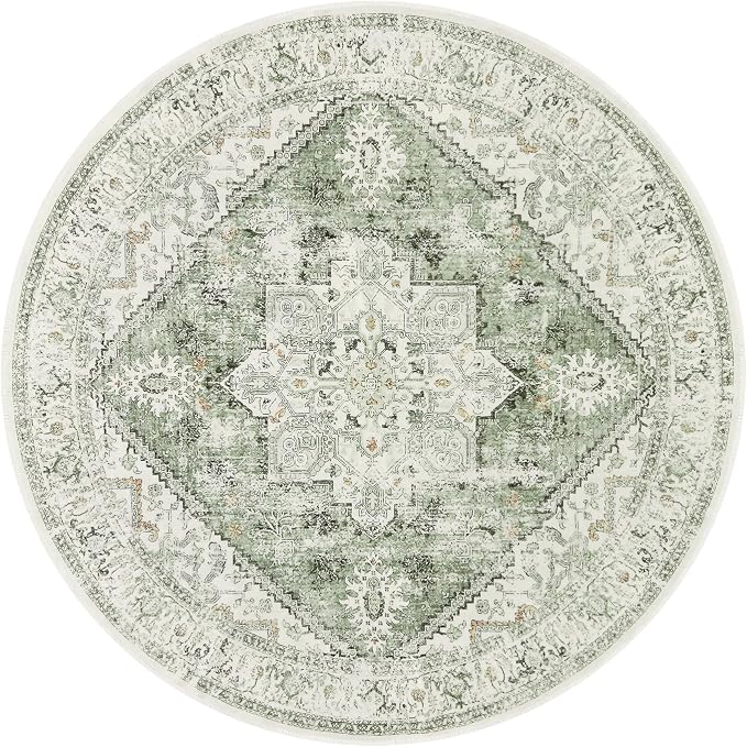 LIVEBOX Sage Green Round Rug 4ft, Vintage Tribal Circle Rugs - Image 7